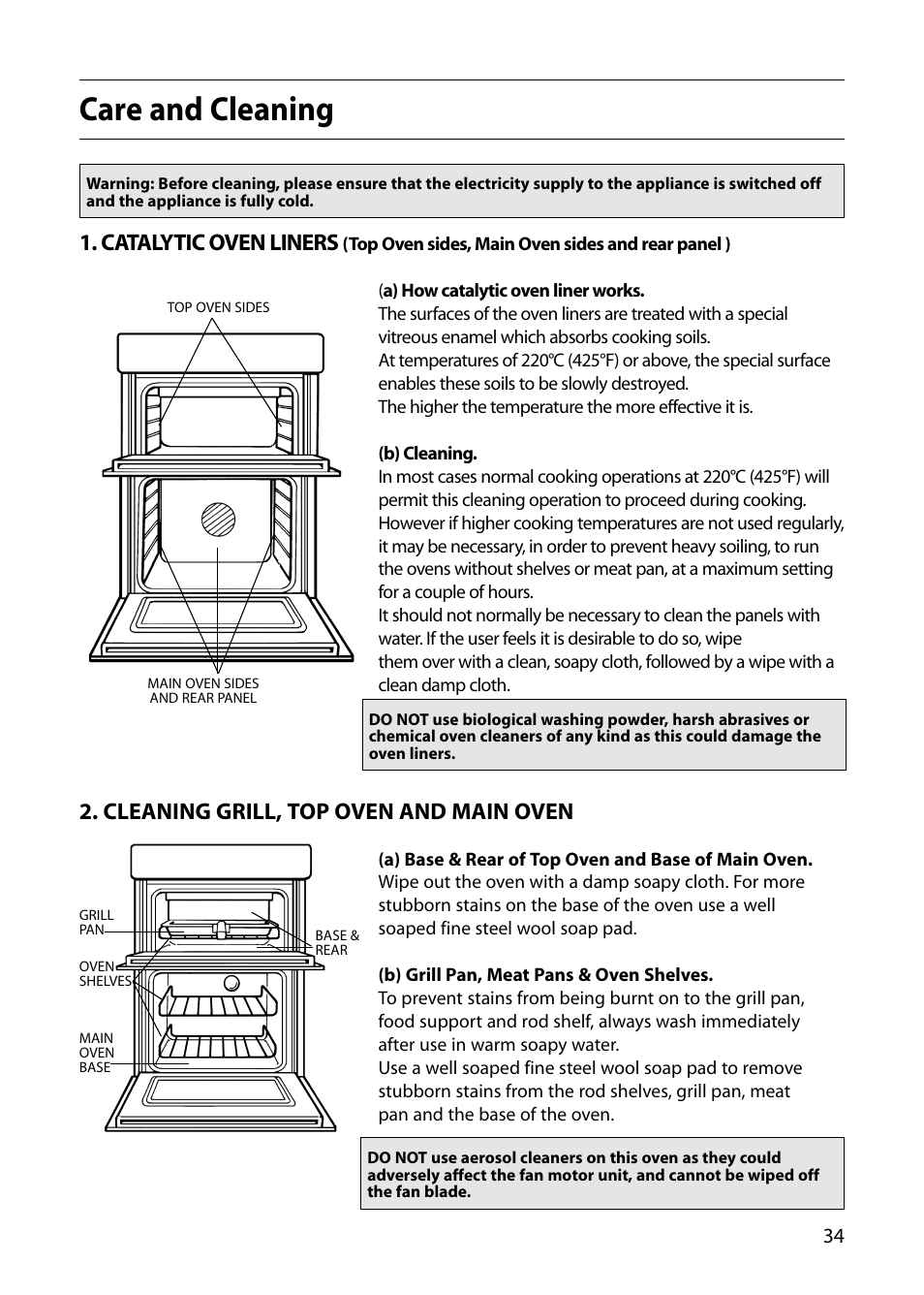 Care and cleaning, Catalytic oven liners, Cleaning grill, top oven and main oven | Indesit FIDM20 User Manual | Page 35 / 44