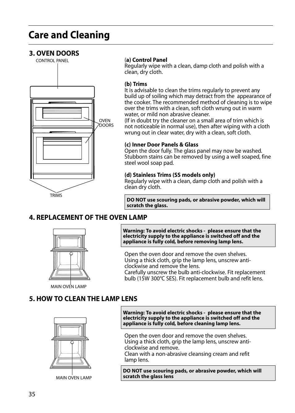 Care and cleaning, Oven doors, Replacement of the oven lamp | How to clean the lamp lens | Indesit FIDM20 User Manual | Page 36 / 44