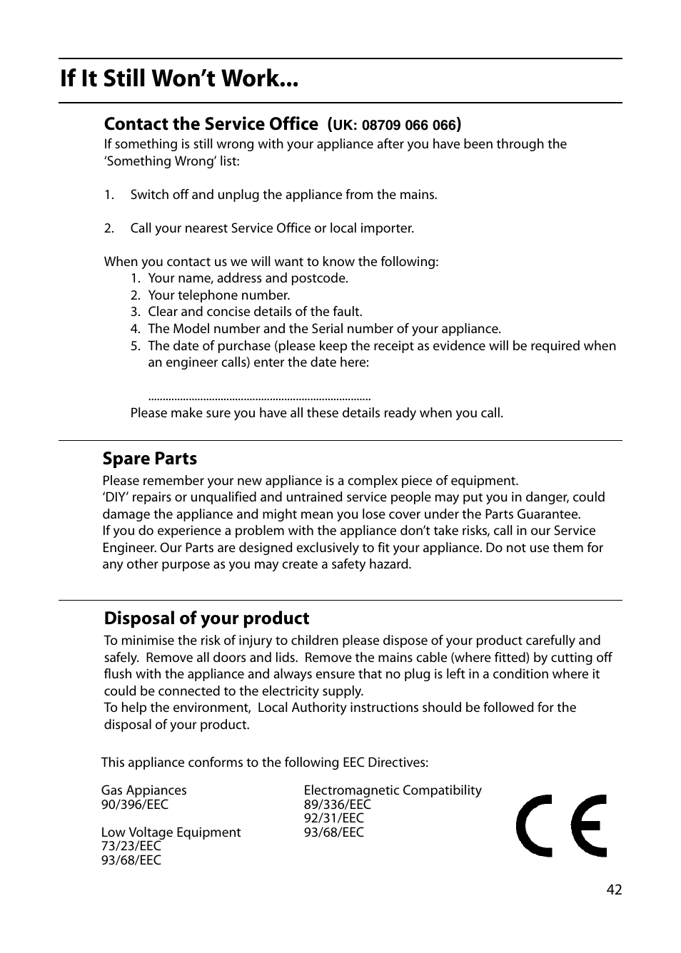 If it still won’t work, Contact the service office, Disposal of your product | Spare parts | Indesit FIDM20 User Manual | Page 43 / 44