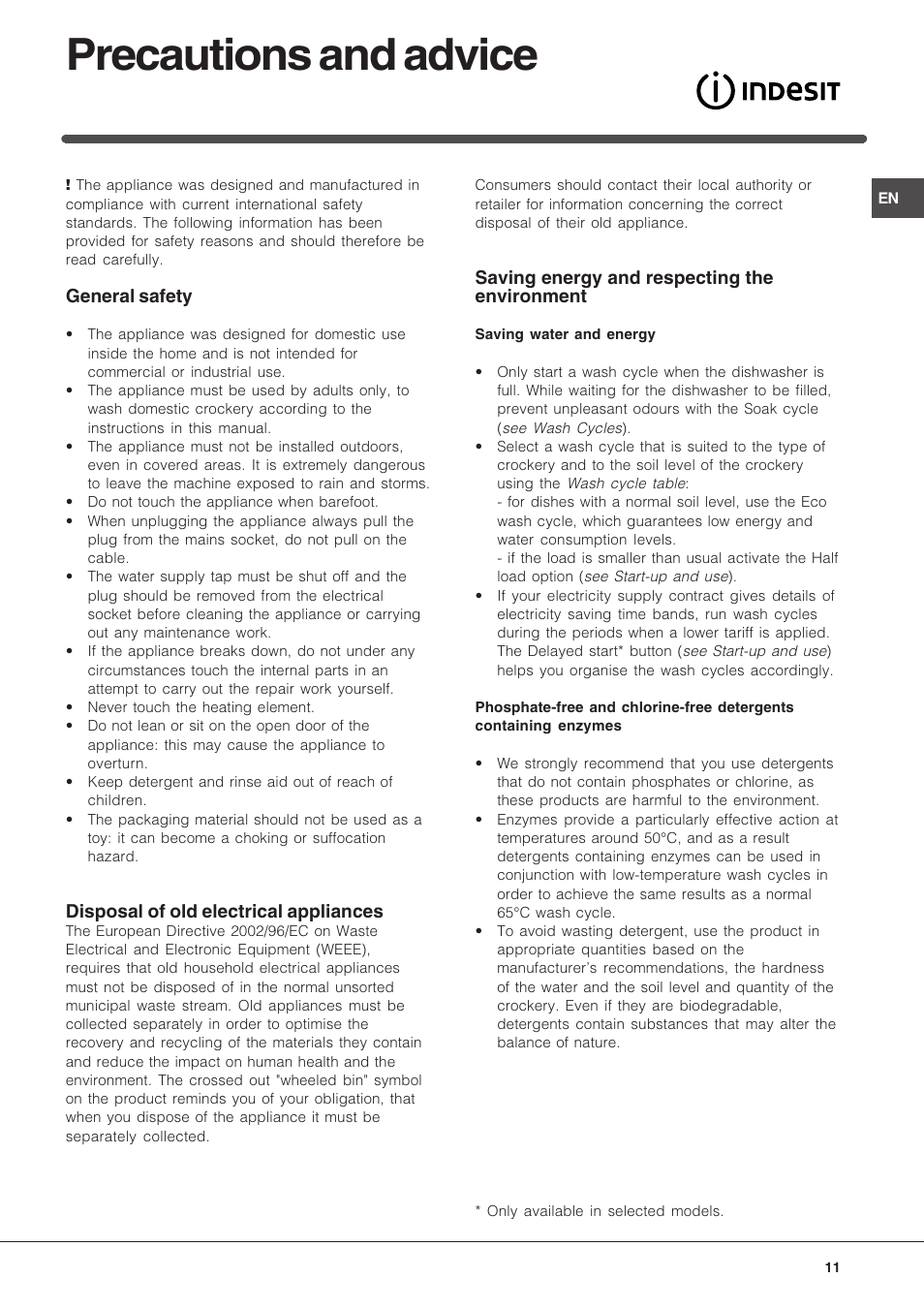 Precautions and advice | Indesit IDTM User Manual | Page 11 / 12