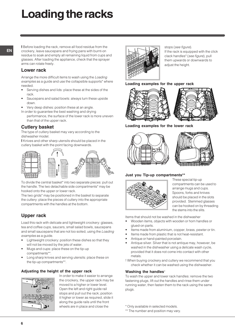 Loading the racks, Lower rack, Cutlery basket | Upper rack | Indesit IDTM User Manual | Page 6 / 12