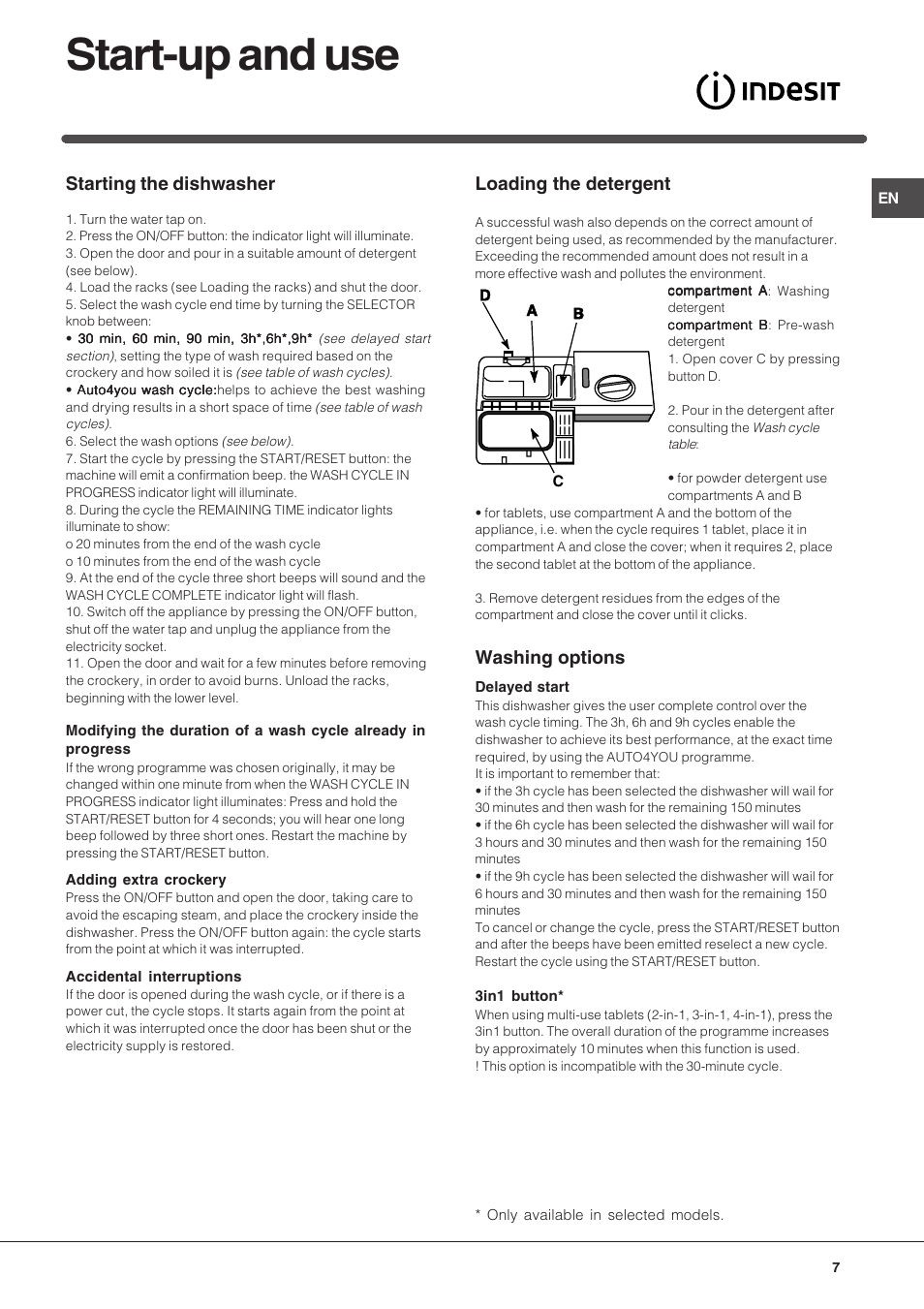 Start-up and use, Starting the dishwasher, Loading the detergent | Washing options | Indesit IDTM User Manual | Page 7 / 12