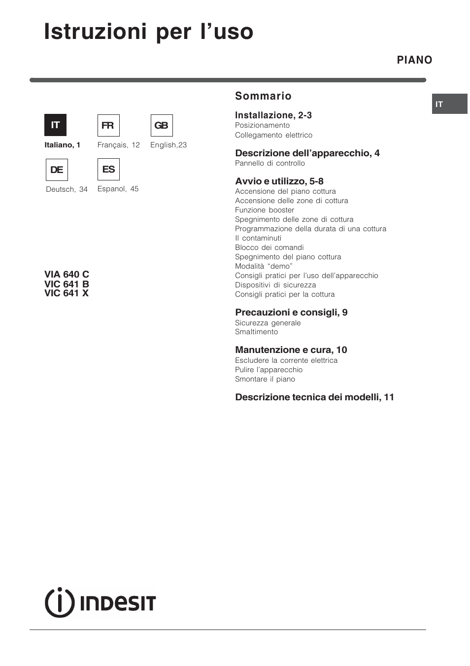 Indesit SOMMARIO VIC 641 X User Manual | 56 pages