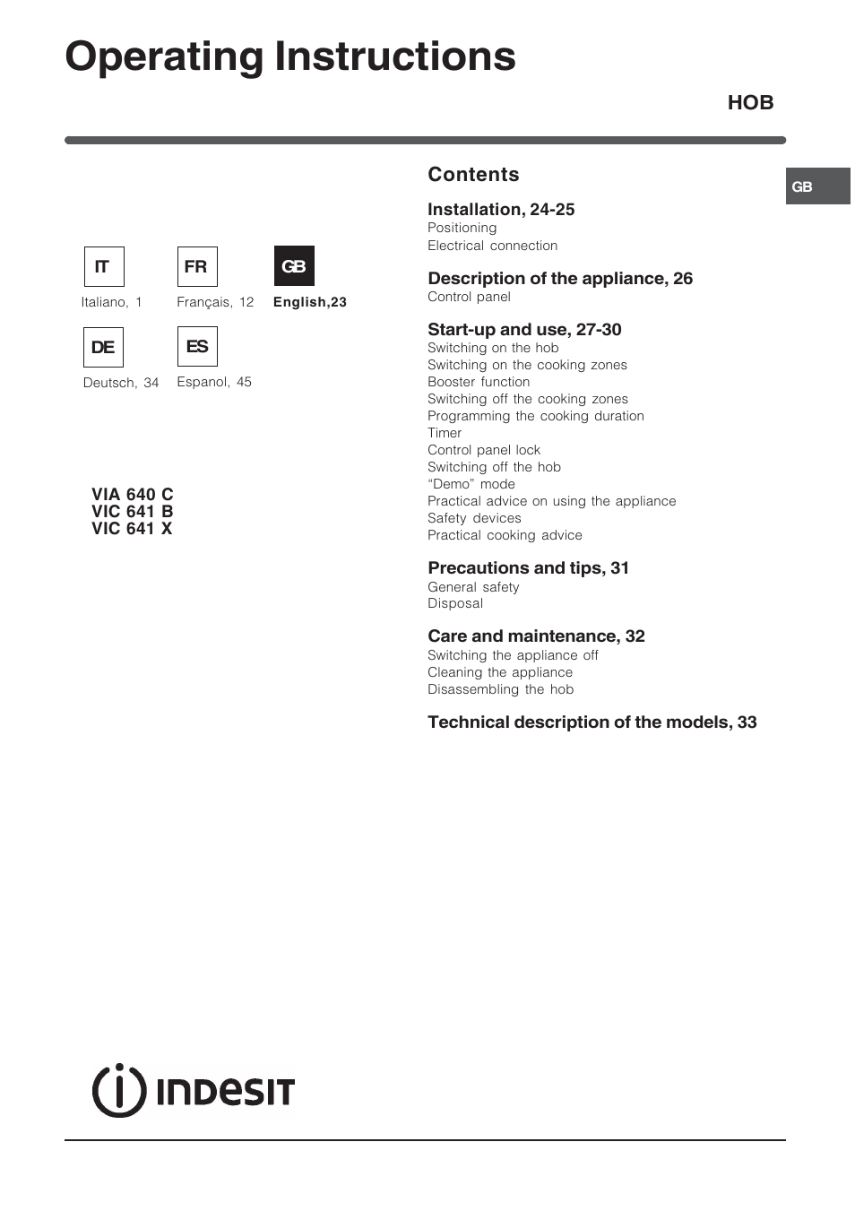 Indesit SOMMARIO VIC 641 X User Manual | Page 23 / 56