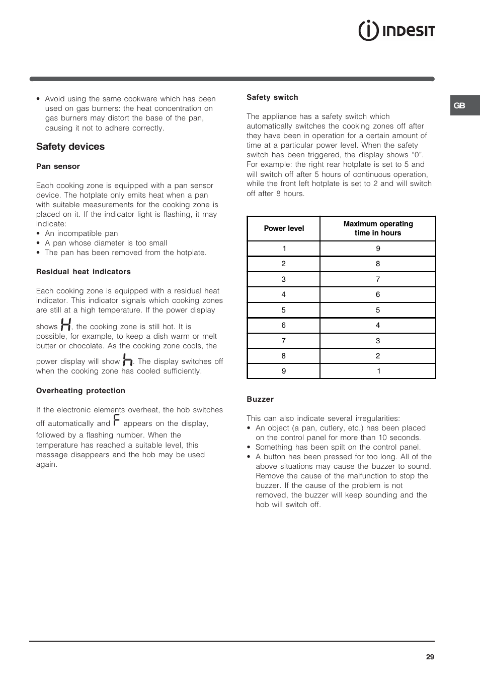 Safety devices | Indesit SOMMARIO VIC 641 X User Manual | Page 29 / 56