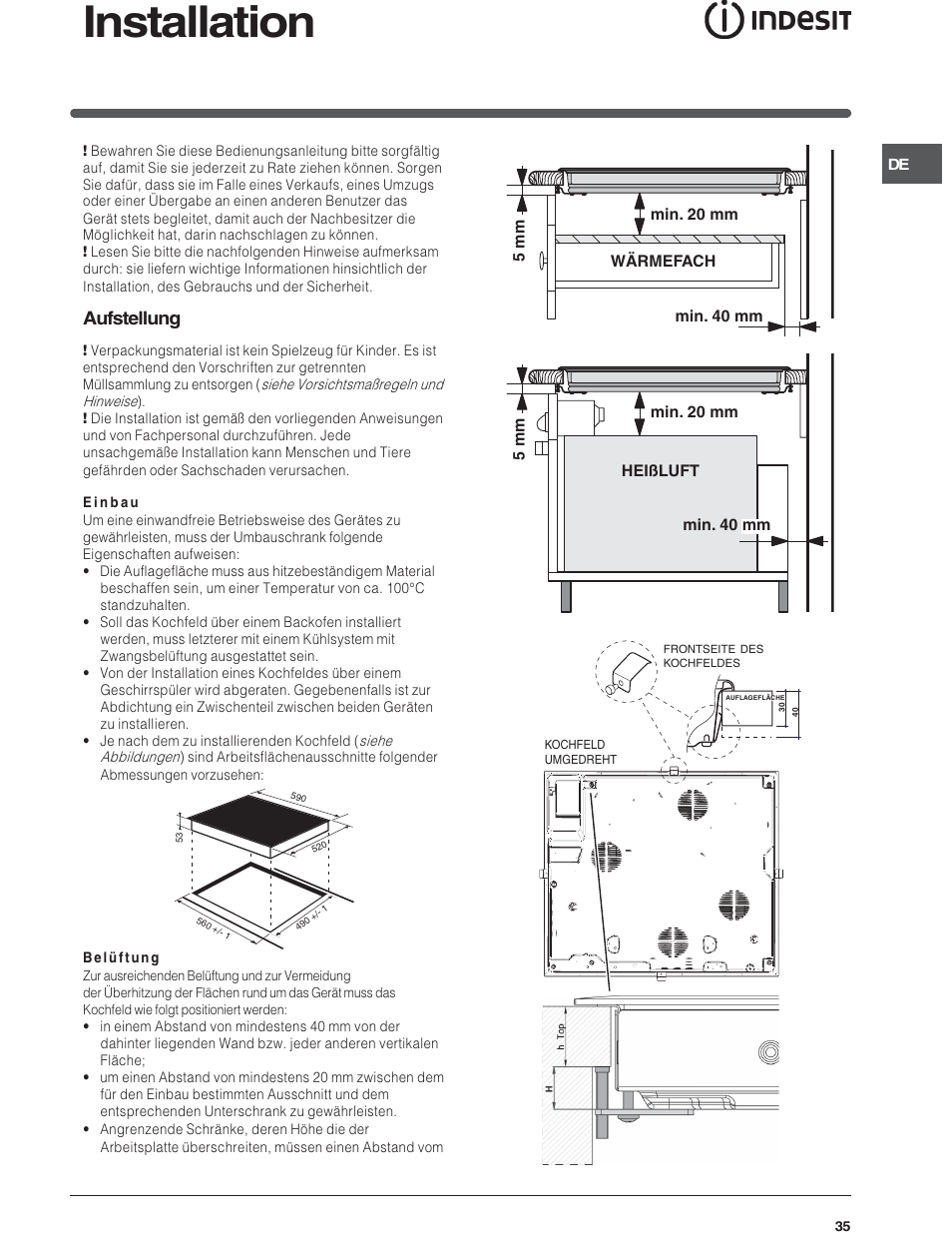 Installation, Aufstellung | Indesit SOMMARIO VIC 641 X User Manual | Page 35 / 56