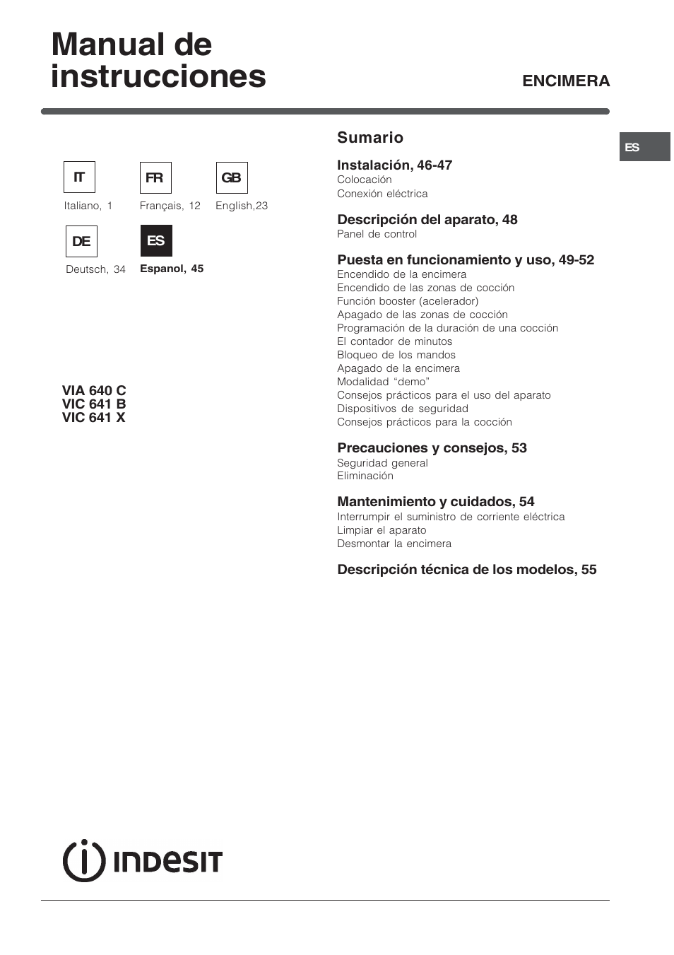 Manual de instrucciones, Sumario, Encimera | Indesit SOMMARIO VIC 641 X User Manual | Page 45 / 56