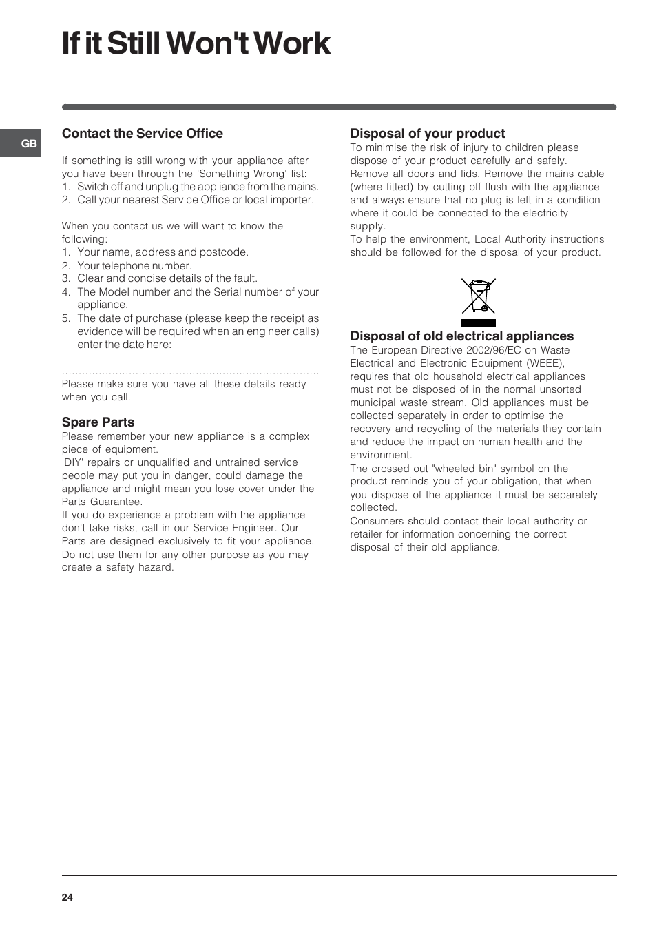 If it still won't work | Indesit FIMU 23 (BK) User Manual | Page 24 / 28