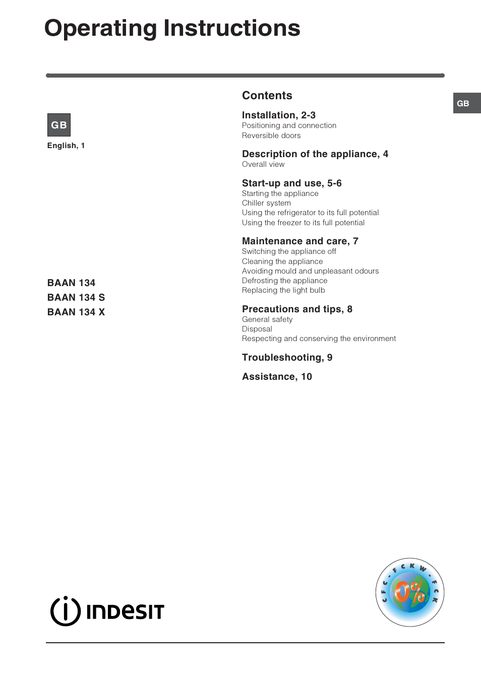 Indesit BAAN 134 S User Manual | 12 pages