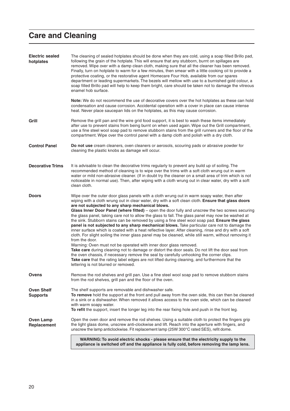 Care and cleaning | Indesit KD3E1/IR User Manual | Page 20 / 24