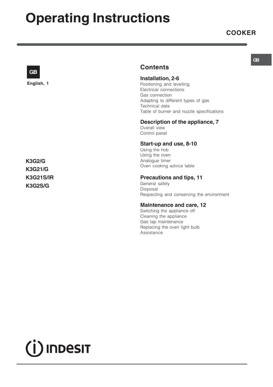 Indesit K 3G21/G User Manual | 12 pages