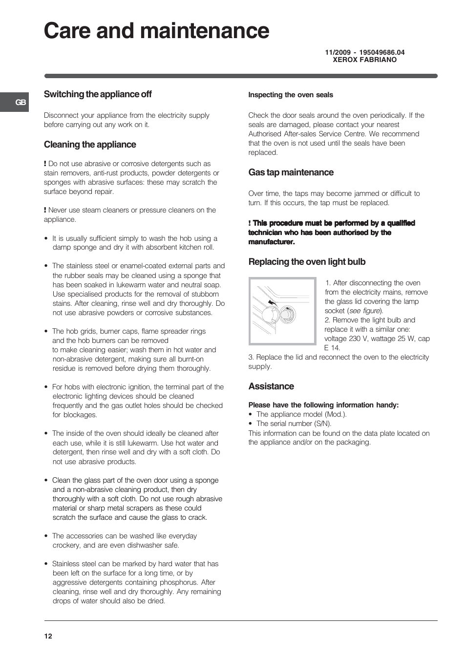 Care and maintenance | Indesit K 3G21/G User Manual | Page 12 / 12