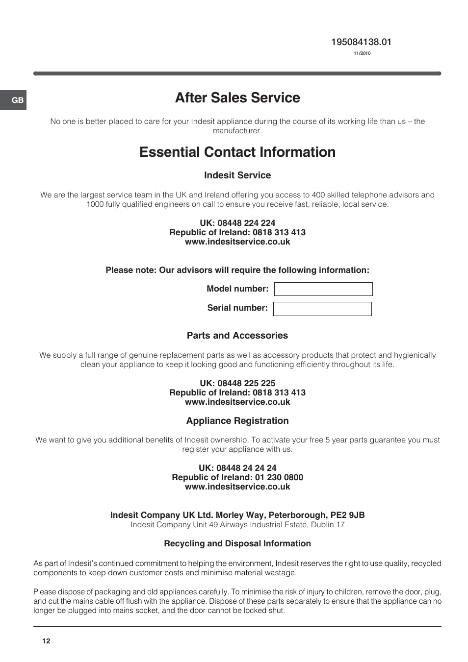 After sales service, Essential contact information | Indesit CA 55 User Manual | Page 12 / 12