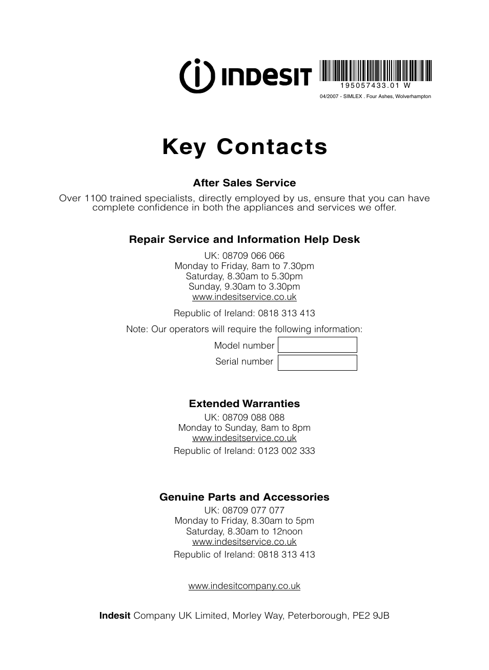 Key contacts | Indesit IS31VU User Manual | Page 16 / 16