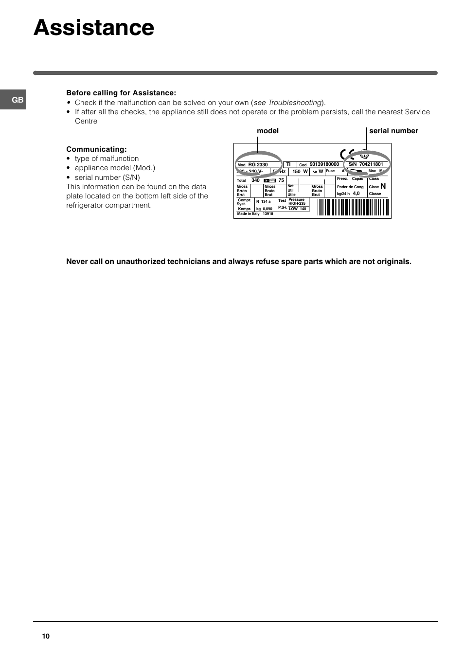 Assistance, Model serial number | Indesit BAAN 12 User Manual | Page 10 / 12