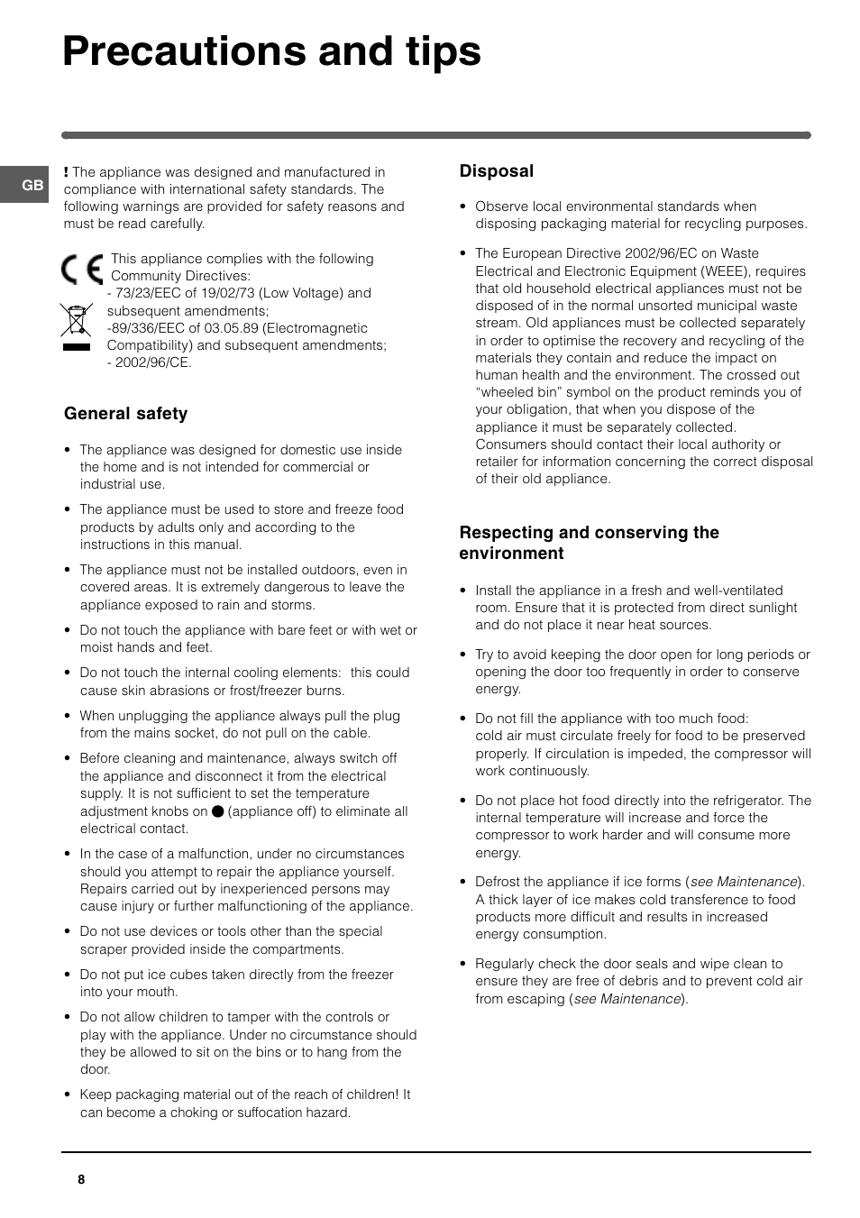 Precautions and tips | Indesit BAAN 12 User Manual | Page 8 / 12