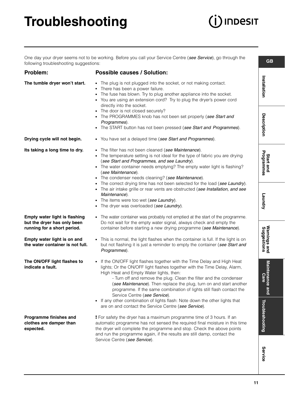 Troubleshooting, Problem, Possible causes / solution | Indesit ISL65C User Manual | Page 11 / 84