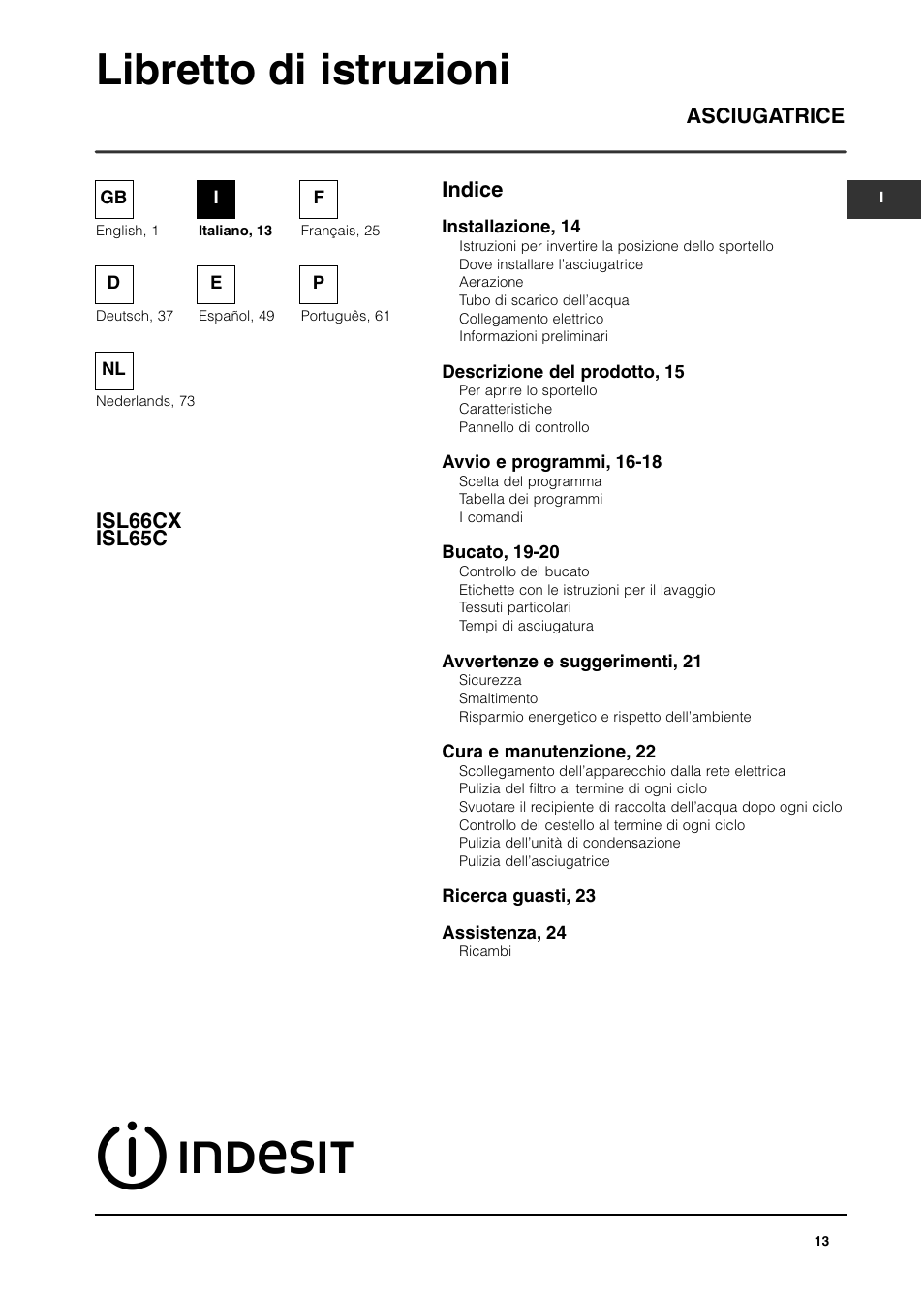 Libretto di istruzioni, Indice asciugatrice isl66cx isl65c | Indesit ISL65C User Manual | Page 13 / 84