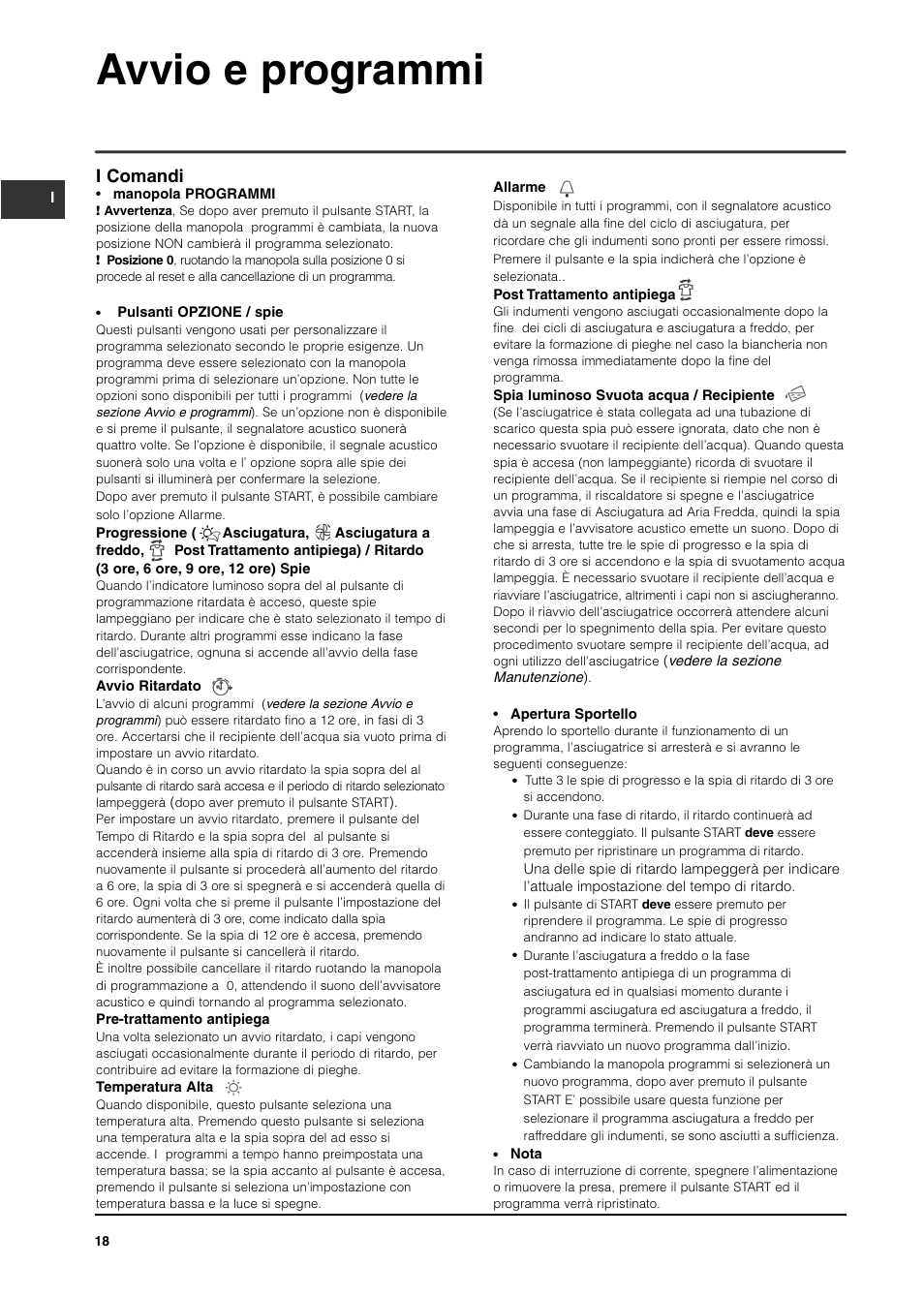 Avvio e programmi, I comandi | Indesit ISL65C User Manual | Page 18 / 84