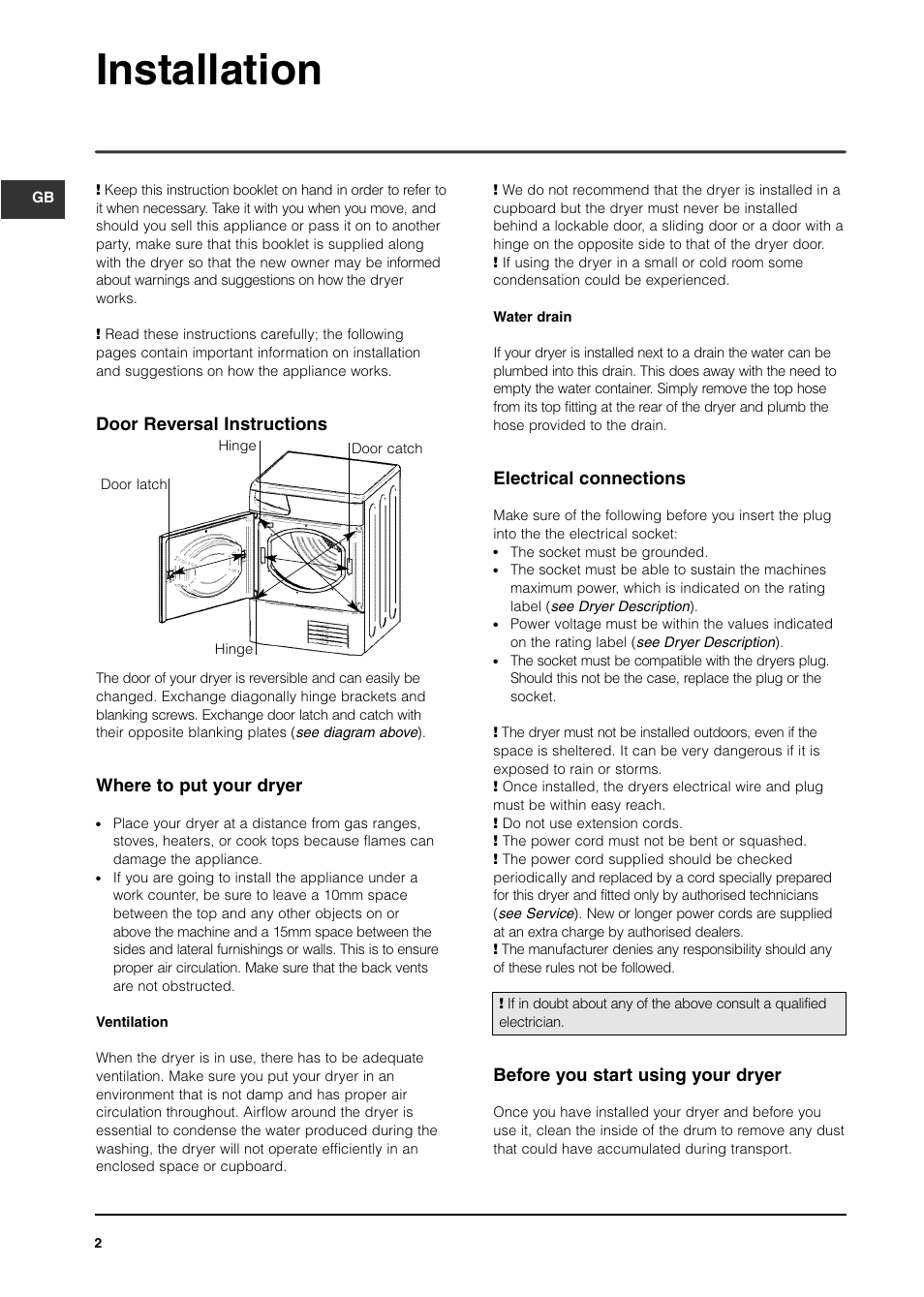 Installation, Door reversal instructions, Where to put your dryer | Electrical connections, Before you start using your dryer | Indesit ISL65C User Manual | Page 2 / 84