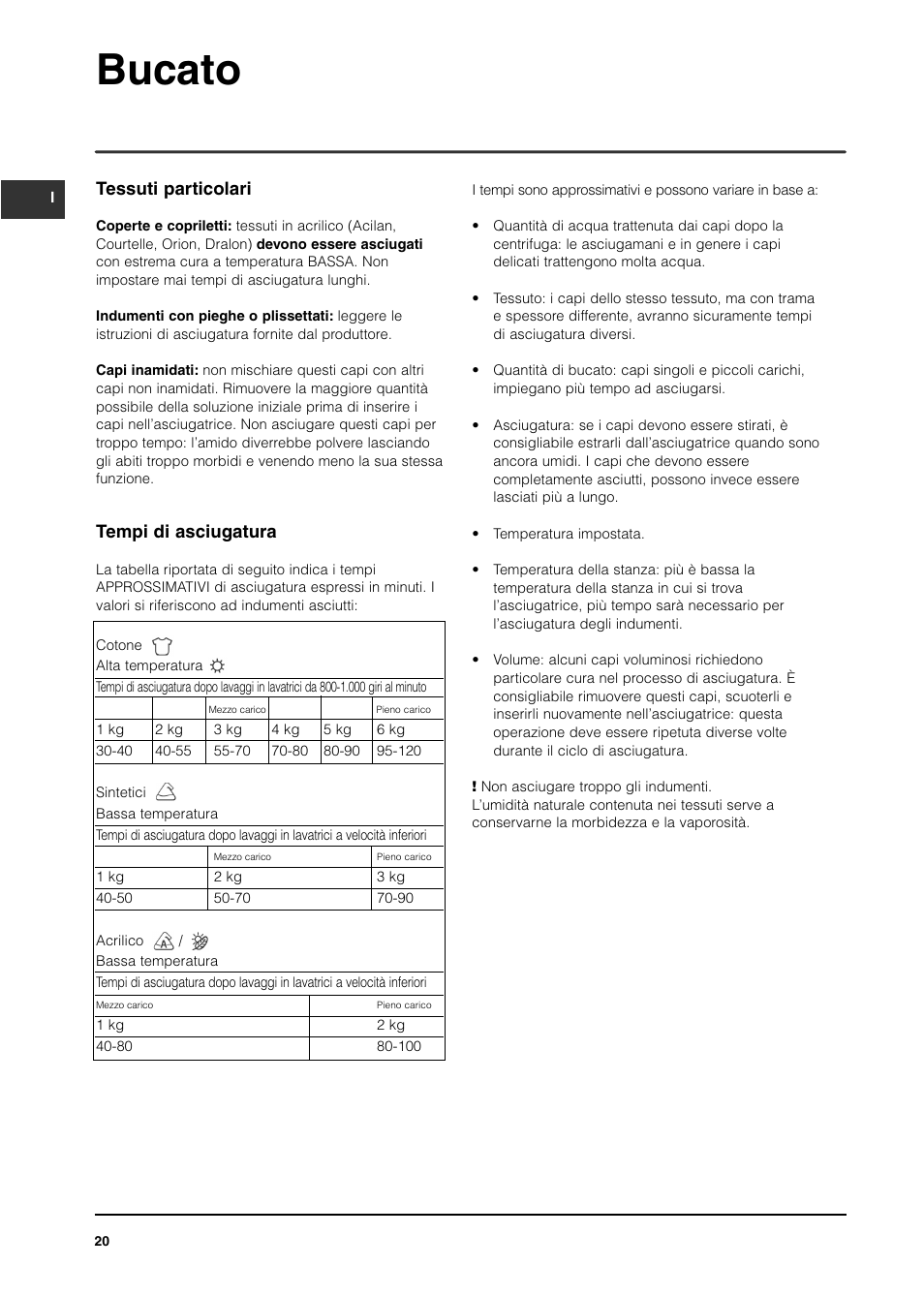 Bucato, Tessuti particolari, Tempi di asciugatura | Indesit ISL65C User Manual | Page 20 / 84