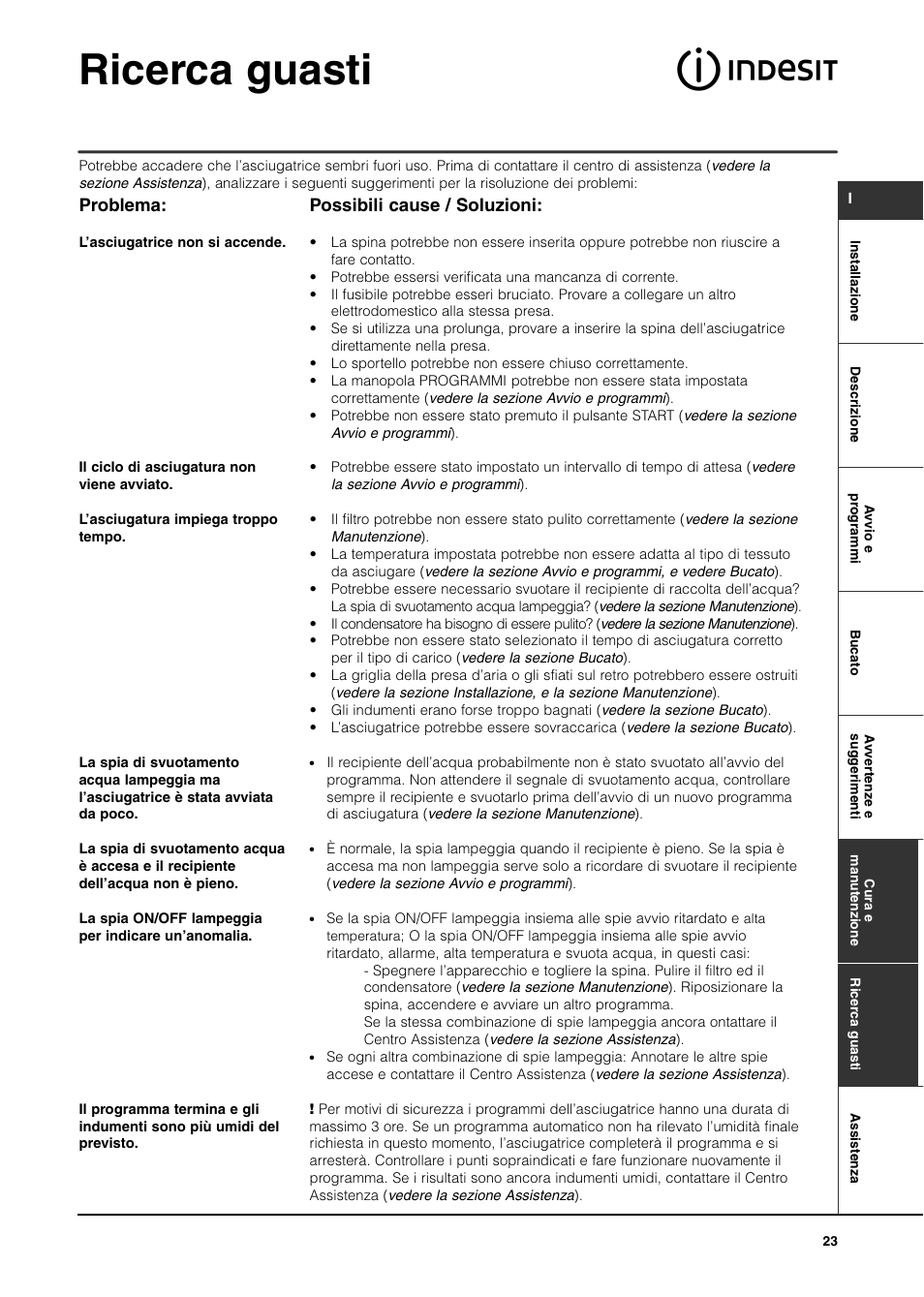 Ricerca guasti, Problema, Possibili cause / soluzioni | Indesit ISL65C User Manual | Page 23 / 84