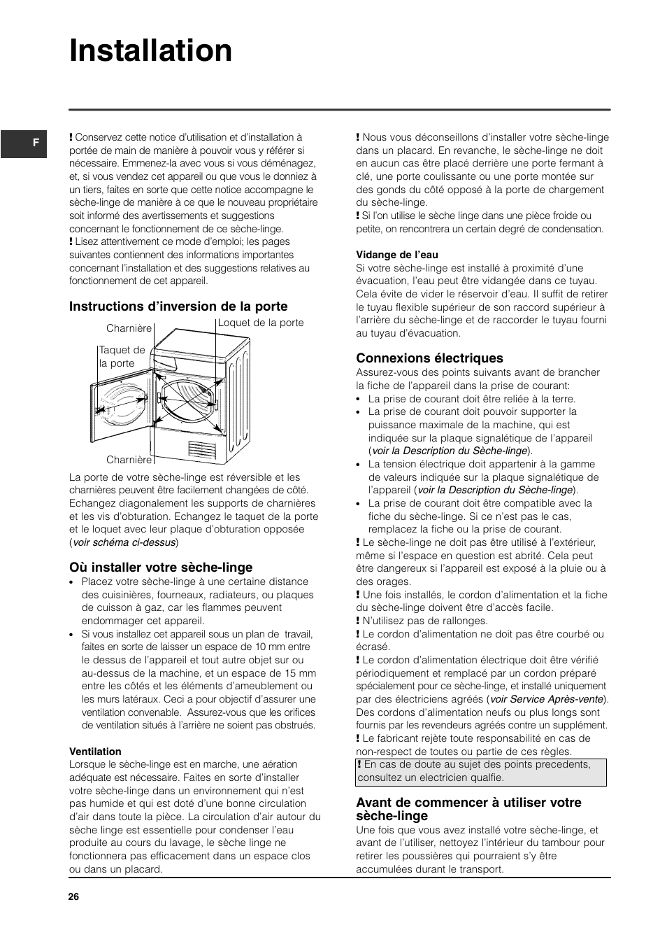 Installation, Instructions d’inversion de la porte, Où installer votre sèche-linge | Connexions électriques, Avant de commencer à utiliser votre sèche-linge | Indesit ISL65C User Manual | Page 26 / 84