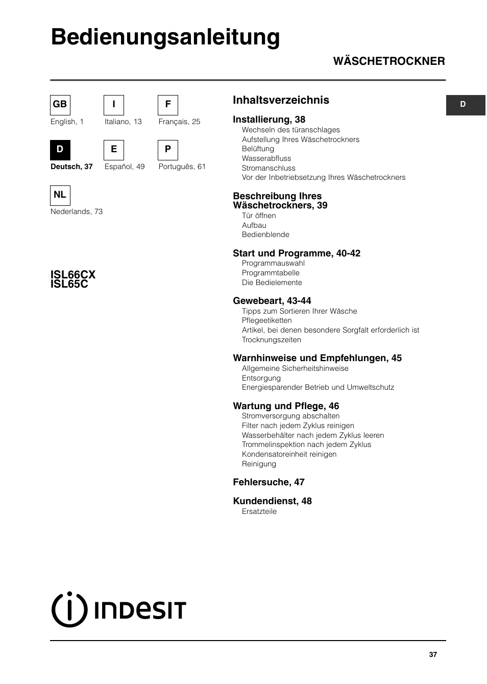 Bedienungsanleitung, Inhaltsverzeichnis wäschetrockner isl66cx isl65c | Indesit ISL65C User Manual | Page 37 / 84