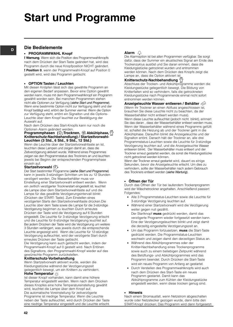 Start und programme, Die bedielemente | Indesit ISL65C User Manual | Page 42 / 84
