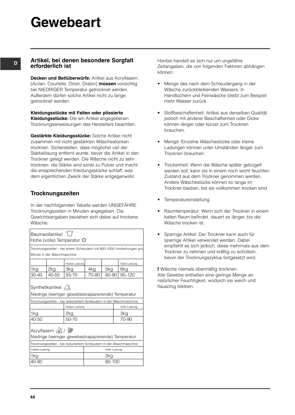 Gewebeart, Trocknungszeiten | Indesit ISL65C User Manual | Page 44 / 84