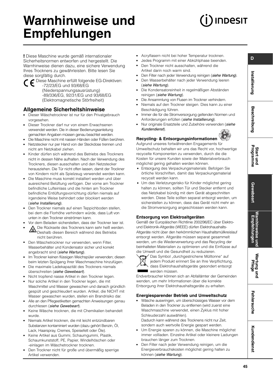 Warnhinweise und empfehlungen, Allgemeine sicherheitshinweise | Indesit ISL65C User Manual | Page 45 / 84
