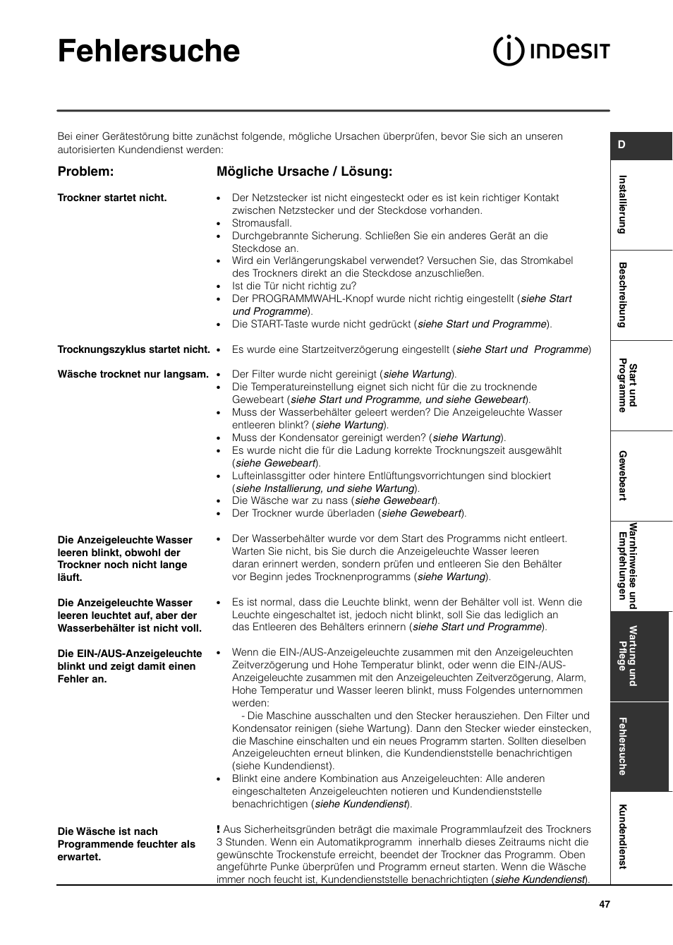 Fehlersuche, Problem, Mögliche ursache / lösung | Indesit ISL65C User Manual | Page 47 / 84