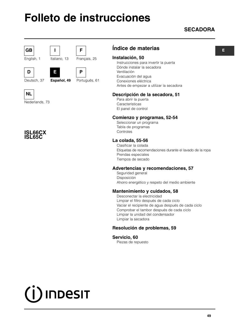 Folleto de instrucciones, Índice de materias secadora isl66cx isl65c | Indesit ISL65C User Manual | Page 49 / 84