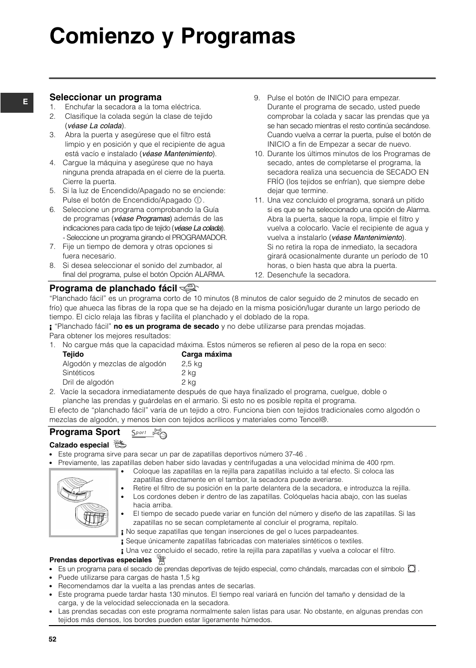 Comienzo y programas, Seleccionar un programa, Programa de planchado fácil | Programa sport | Indesit ISL65C User Manual | Page 52 / 84