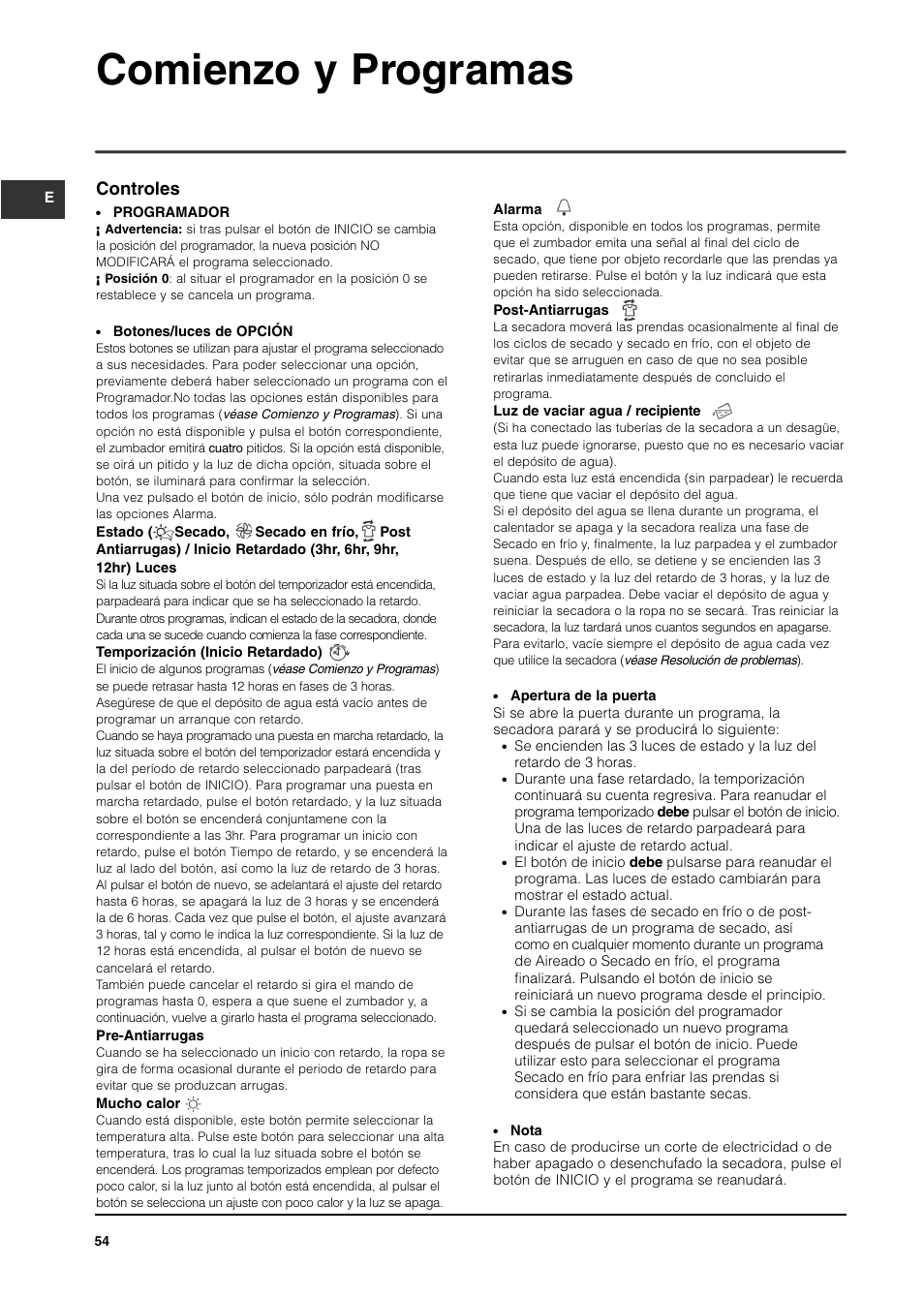 Comienzo y programas, Controles | Indesit ISL65C User Manual | Page 54 / 84