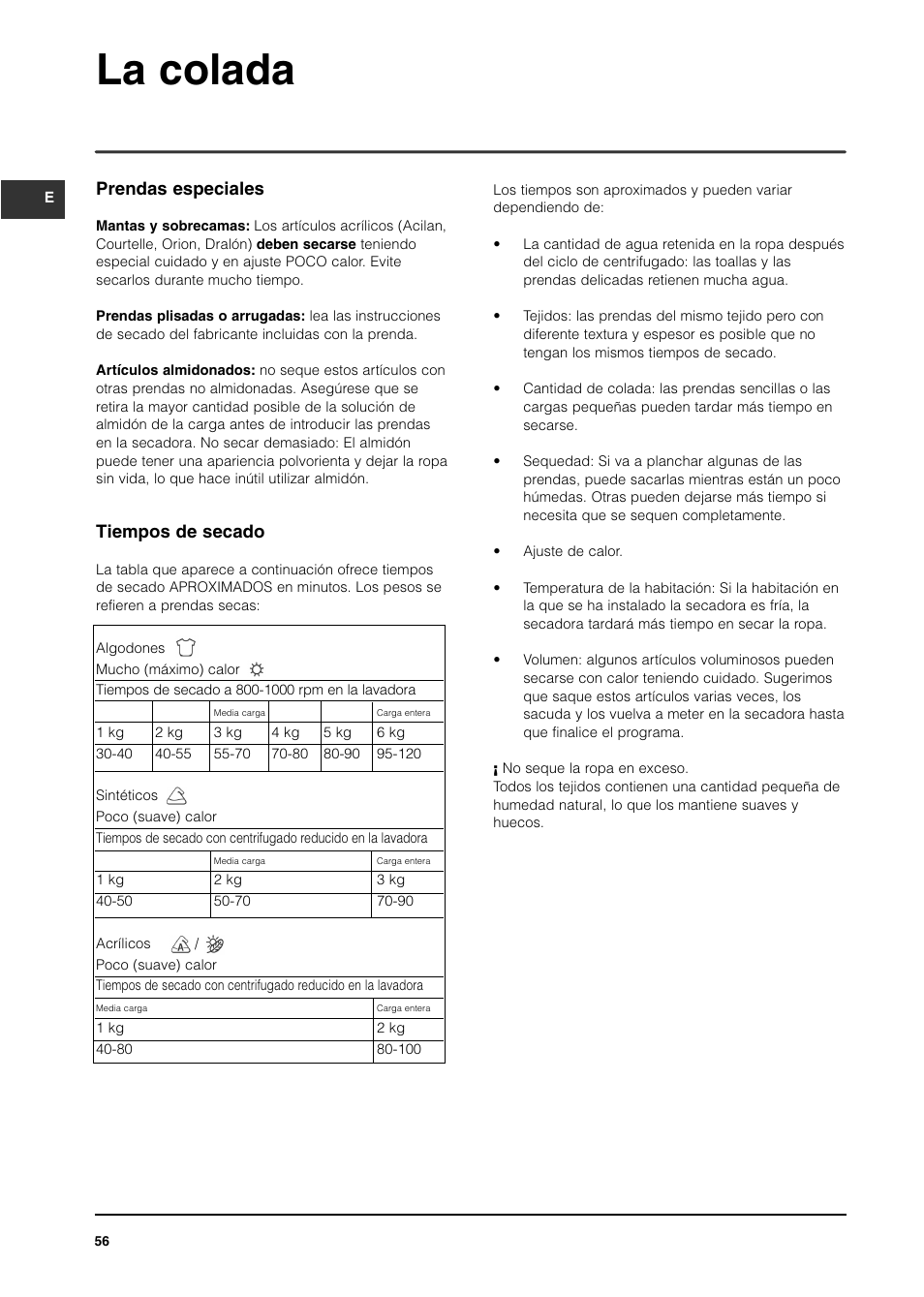 La colada, Prendas especiales, Tiempos de secado | Indesit ISL65C User Manual | Page 56 / 84