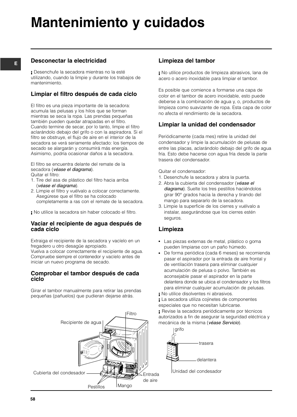 Mantenimiento y cuidados | Indesit ISL65C User Manual | Page 58 / 84