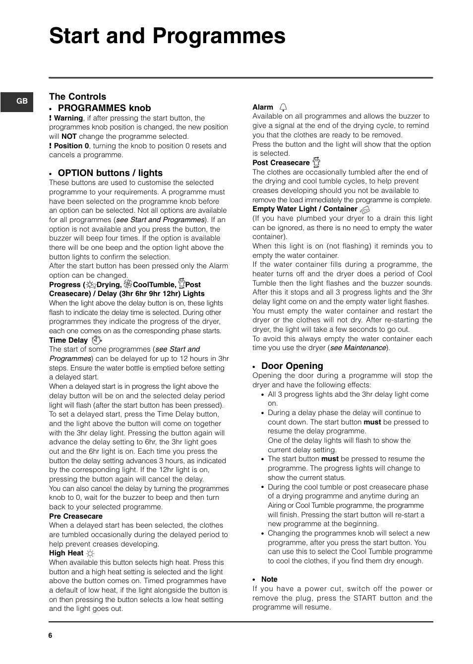 Start and programmes, Door opening, Programmes knob | Option buttons / lights, The controls | Indesit ISL65C User Manual | Page 6 / 84
