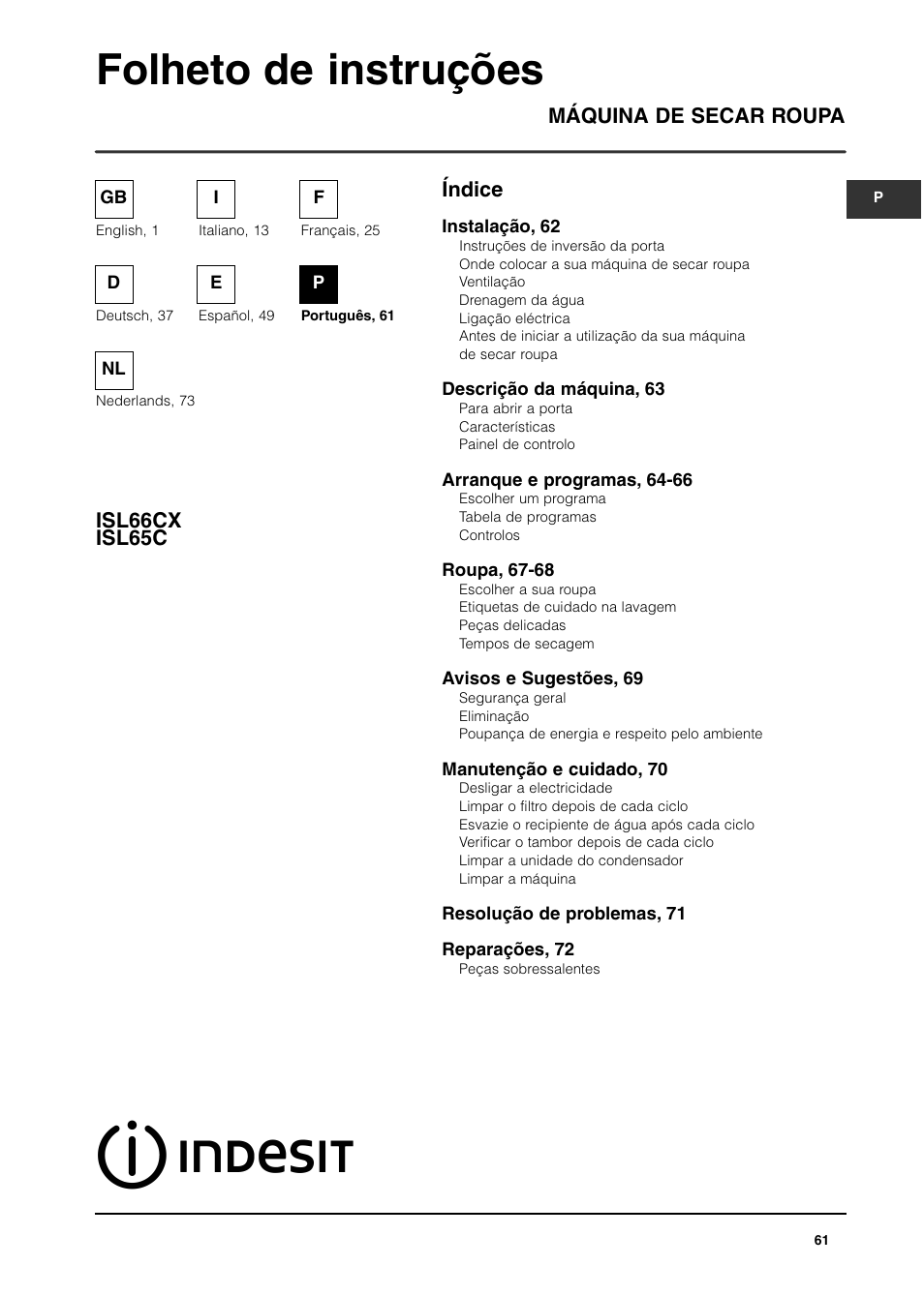 Folheto de instruções, Índice máquina de secar roupa isl66cx isl65c | Indesit ISL65C User Manual | Page 61 / 84