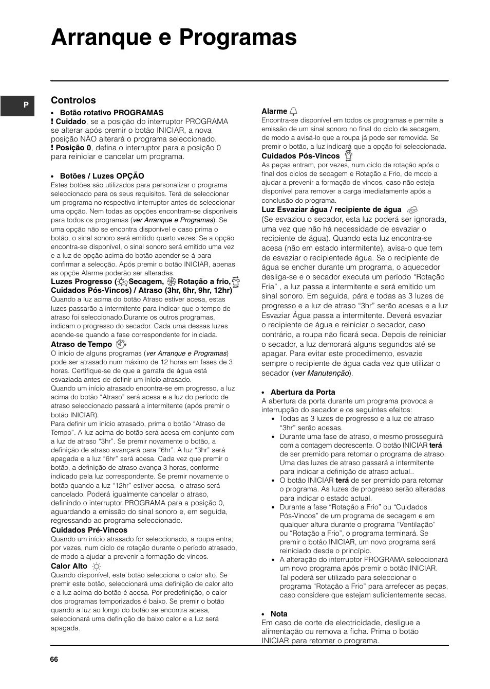 Arranque e programas, Controlos | Indesit ISL65C User Manual | Page 66 / 84