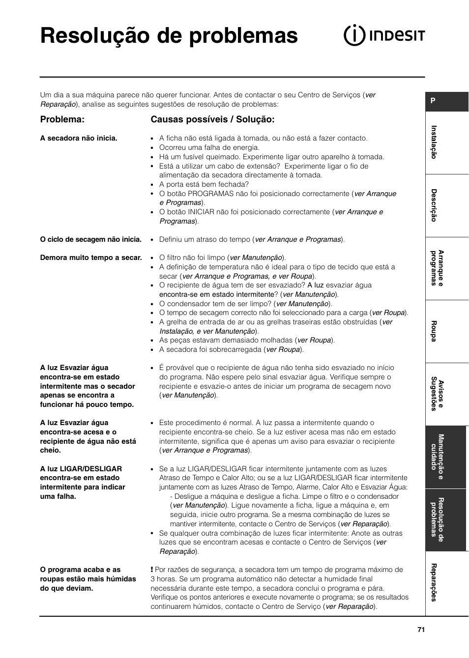 Resolução de problemas, Problema, Causas possíveis / solução | Indesit ISL65C User Manual | Page 71 / 84