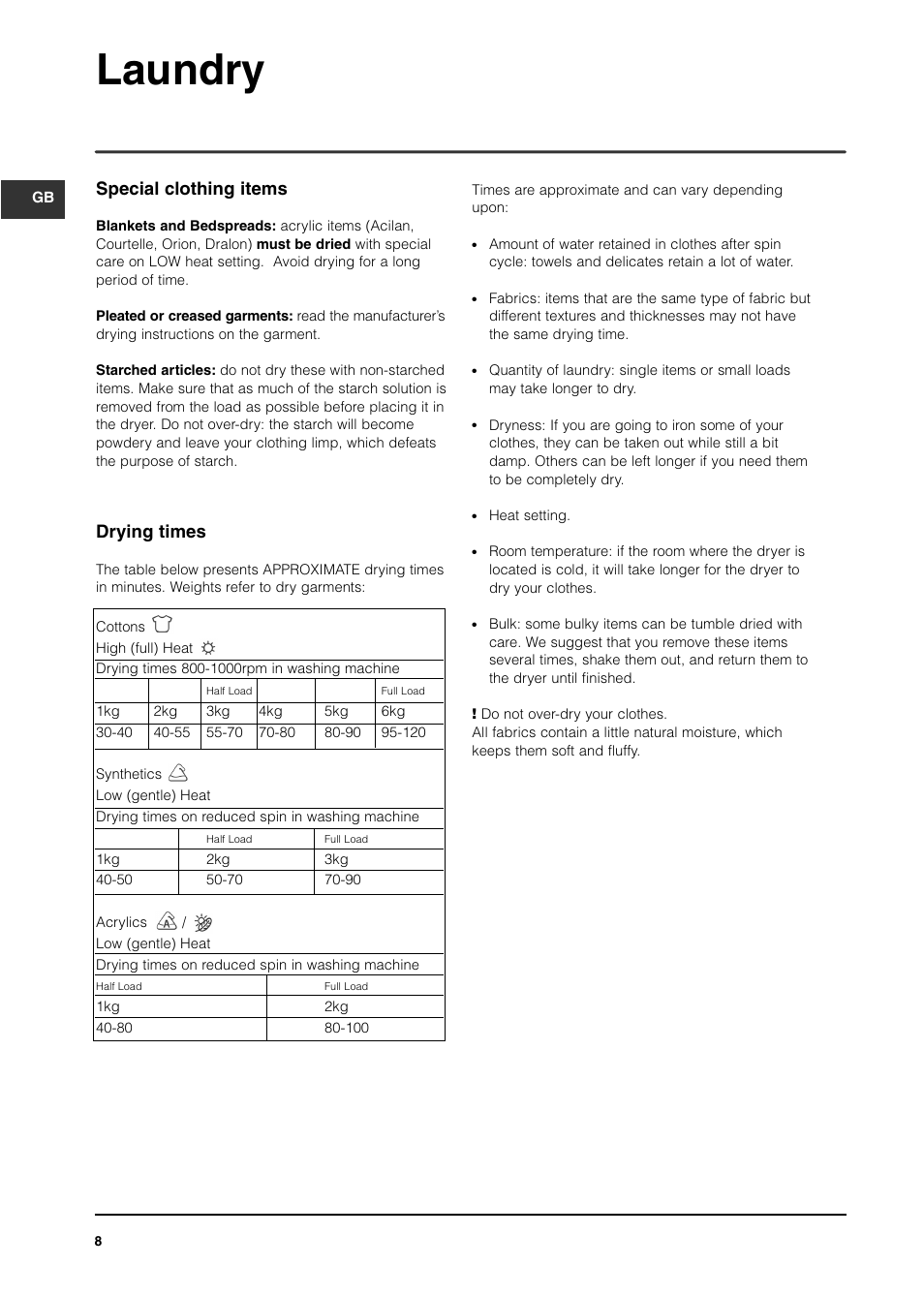 Laundry, Special clothing items, Drying times | Indesit ISL65C User Manual | Page 8 / 84