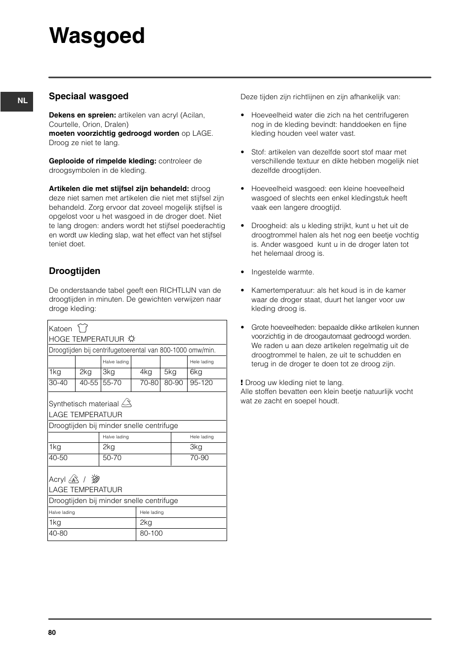 Wasgoed, Speciaal wasgoed, Droogtijden | Indesit ISL65C User Manual | Page 80 / 84