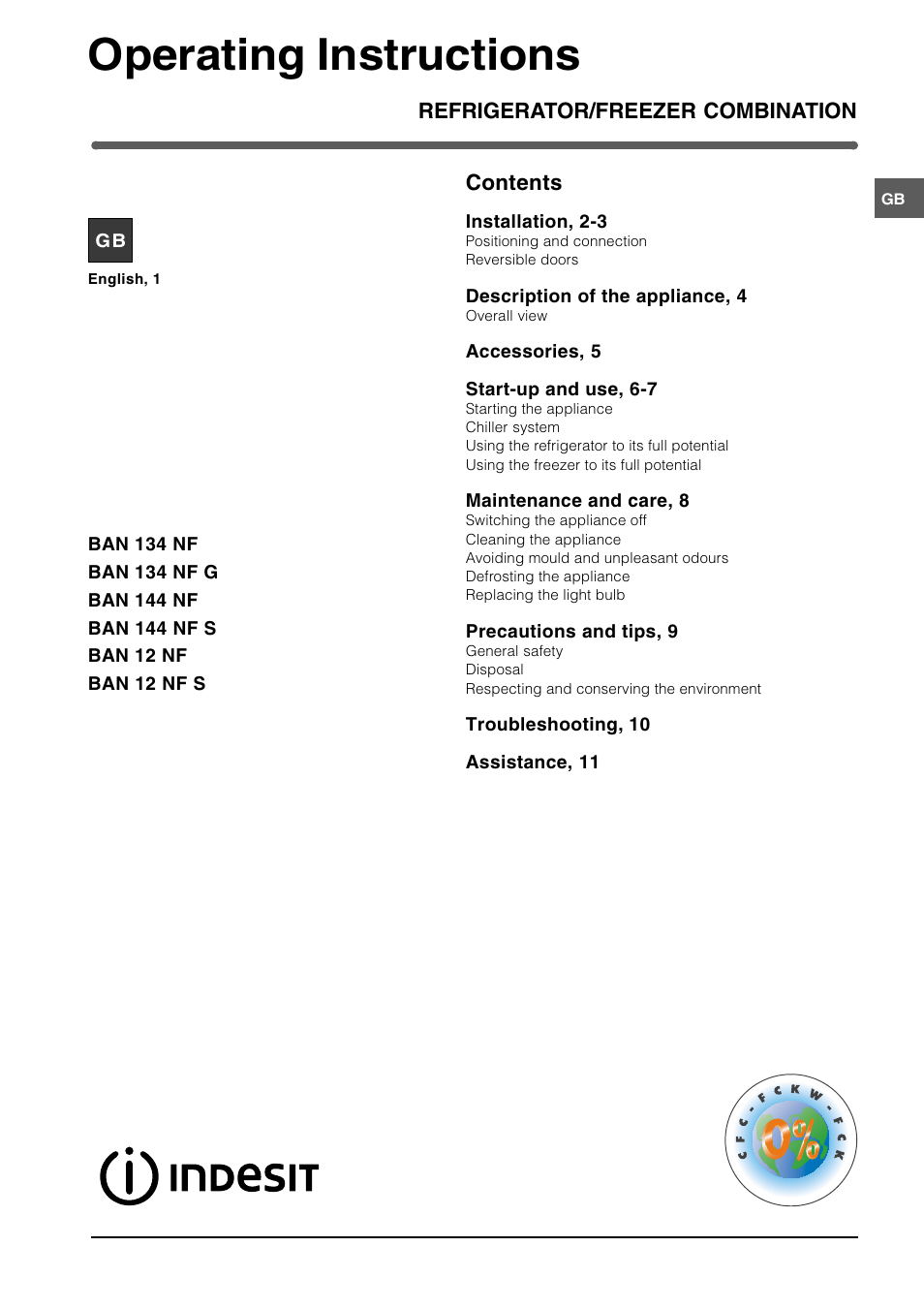 Indesit BAN 144 NF User Manual | 12 pages