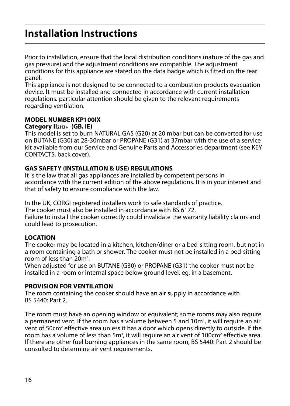 Installation instructions | Indesit KP100IX User Manual | Page 16 / 24