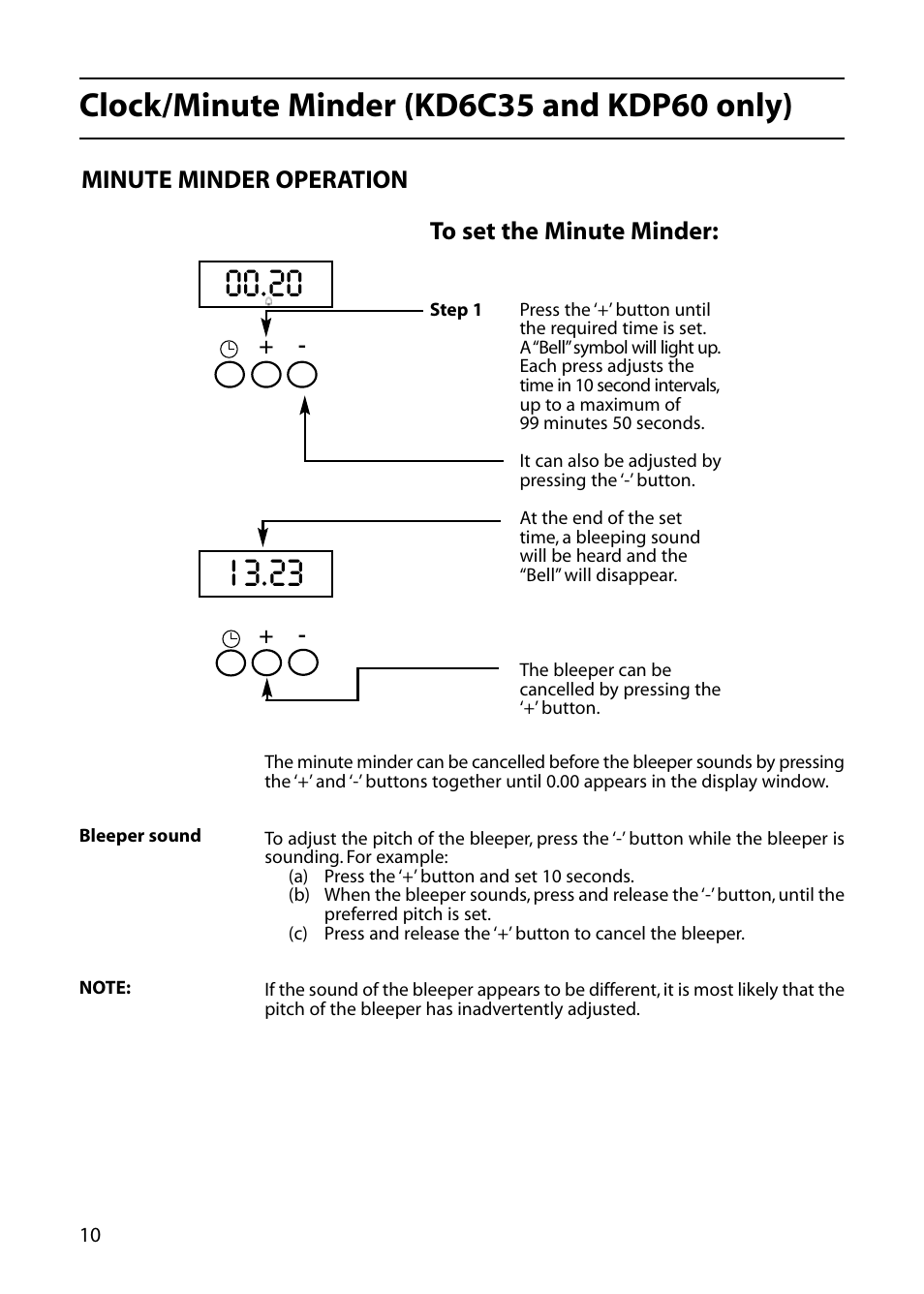 Minute minder operation to set the minute minder | Indesit KT6CE User Manual | Page 10 / 32