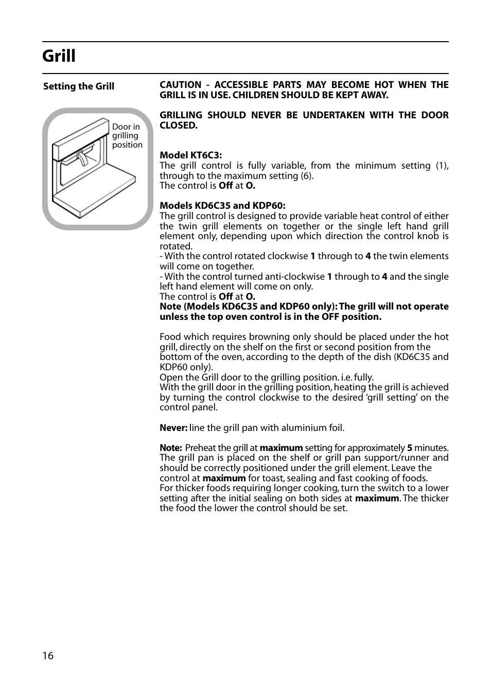 Grill | Indesit KT6CE User Manual | Page 16 / 32