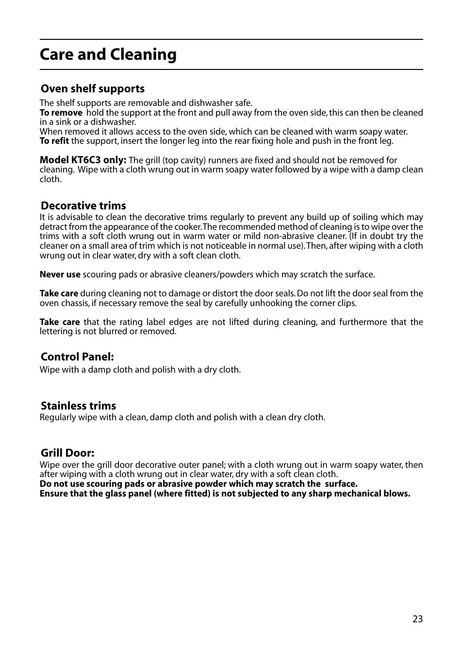 Care and cleaning | Indesit KT6CE User Manual | Page 23 / 32