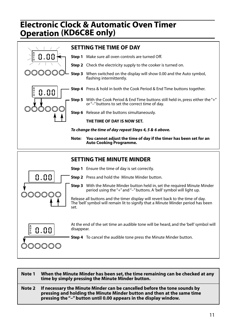 Setting the time of day, Setting the minute minder | Indesit KD6C0E User Manual | Page 11 / 40