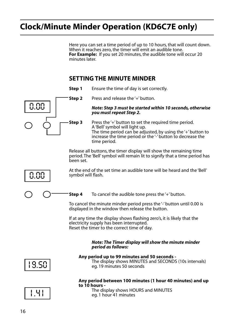 Clock/minute minder operation (kd6c7e only), Setting the minute minder | Indesit KD6C0E User Manual | Page 16 / 40